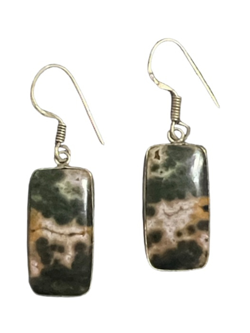 Vintage Rectangular Ocean Jasper Stone Drop Earrings in 925 Sterling Silver